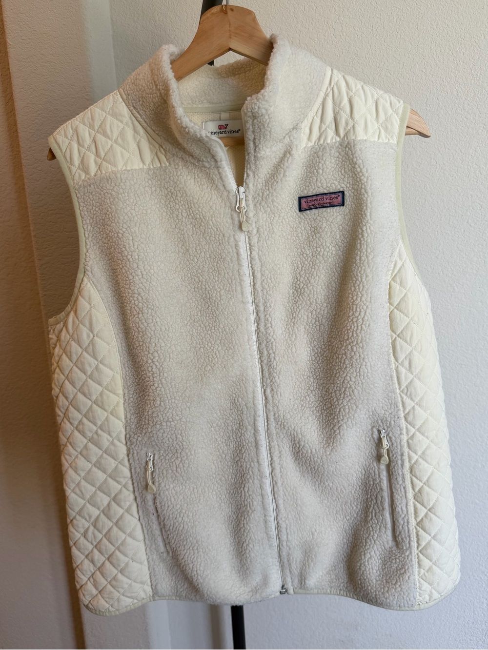 Vineyard Vines Womens Quilted Sherpa Full Zip Vest Ivory Cream Preppy Fleece